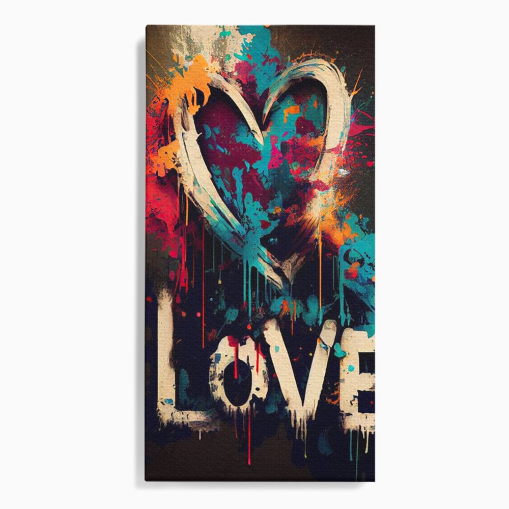 Tablou canvas cu tablou canvas cu inima graffiti si cuvantul love, fara rama, pe sasiu de lemn